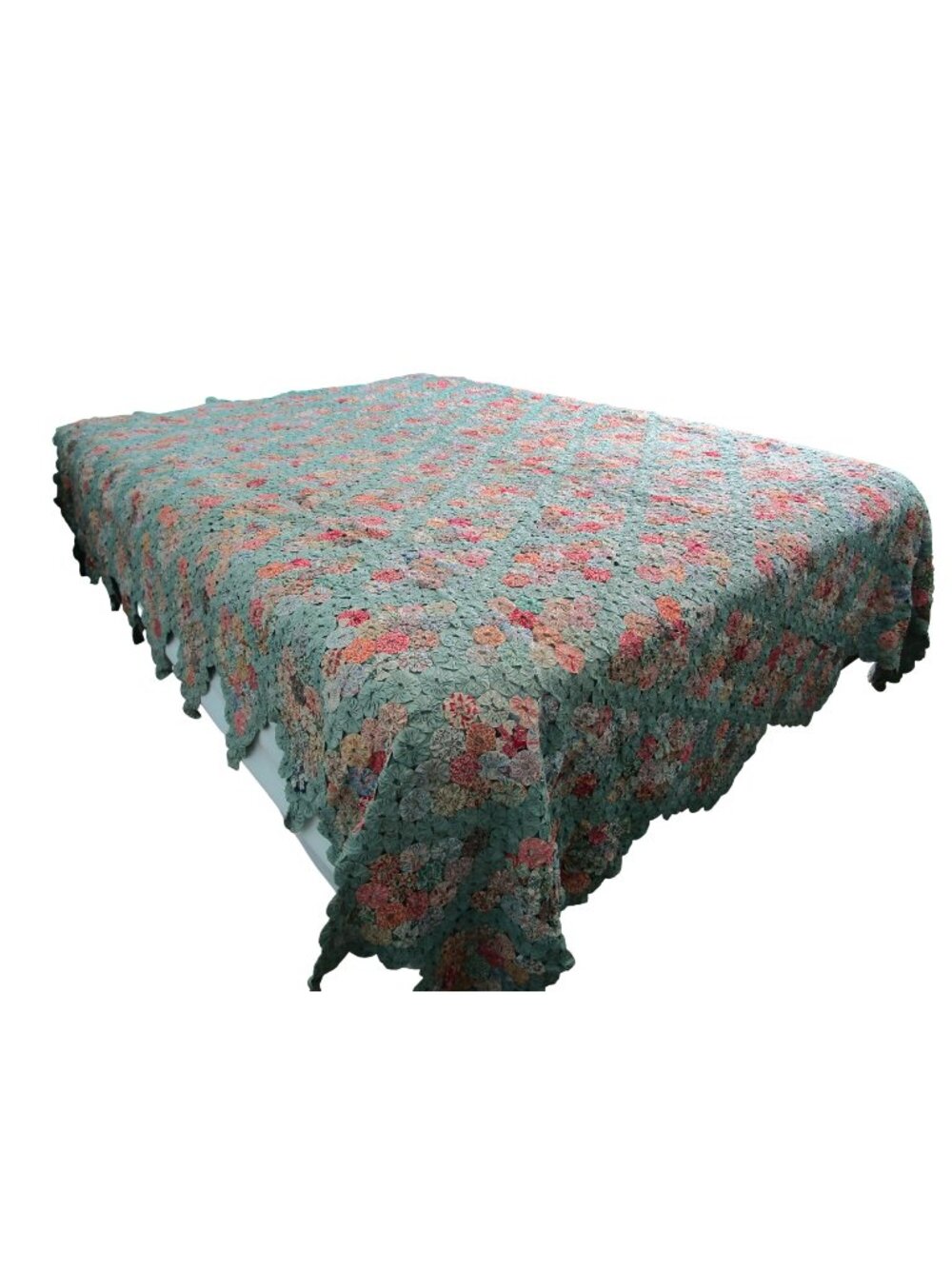 Jadeite Feedsack Yo Yo Quilt Trellis Pattern Floral Diamond Edges Queen Handmad